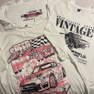 Women’s Graphic Car Print T-Shirts - White & Pink